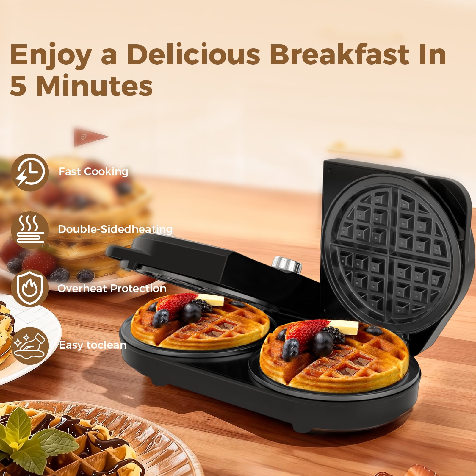 OSTBA Double Waffle Maker, 1400W Belgian Waffle Maker, 6 Inch Waffle Iron with 2 Independent Adjustable Temp Knobs & Indicator Lights, Easy-Clean Nonstick Plates, Stainless Steel, Black