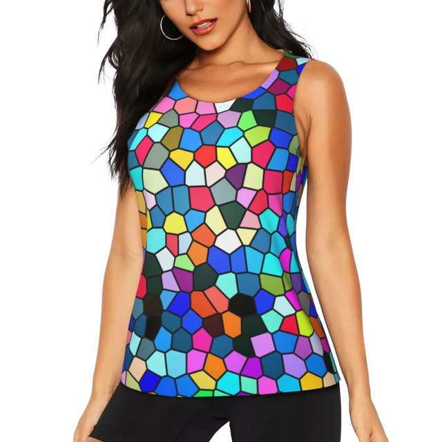 Balery Colorful Tie Dye Stained Glass 2 Camiseta sin mangas estampada ligera para mujer, tops de entrenamiento sin mangas, camisetas de yoga transpirables de secado rápido.-Small