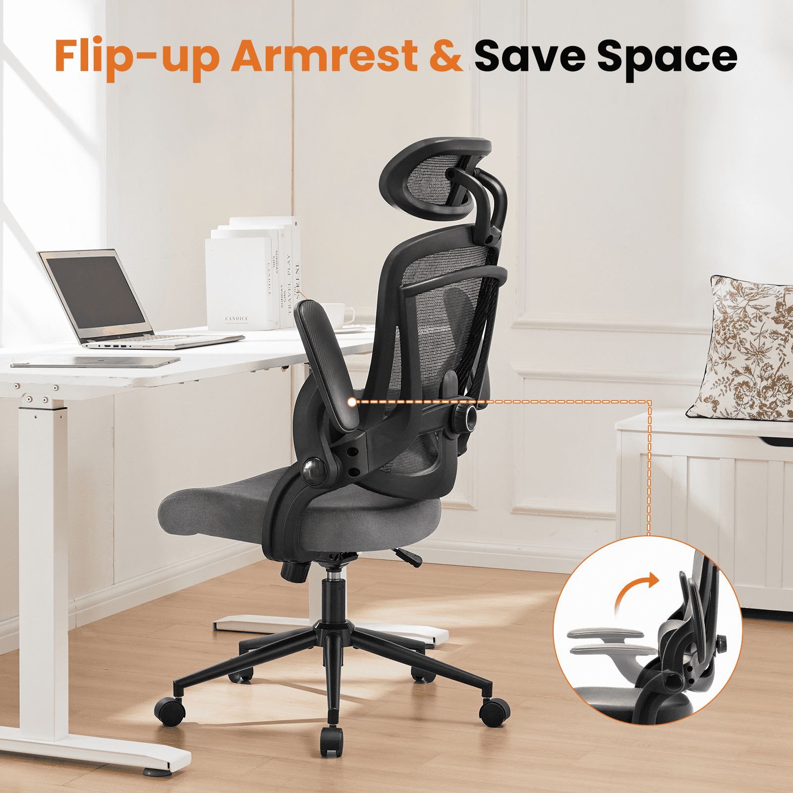 MAYEERTY High Back Desk Chair with Adjustable Lumbar Support & Headrest,Comfortable Mesh Computer Chair with Soft Flip Up Arms, Adjustable Height and 120°Tilt