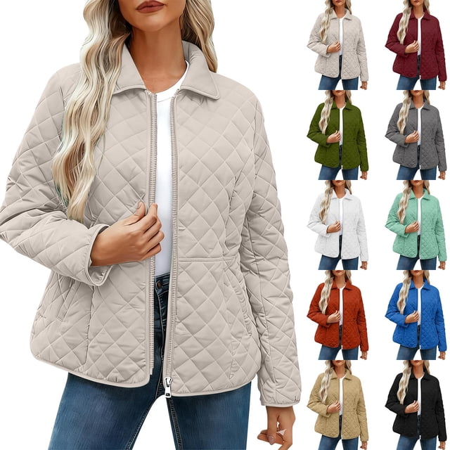 Frostluinai Womens Lightweight Quilted Jacket Fall Zip Up Puffer Jackets Loose Fit Lapel Collar Warm Coats Outerwear with Pocket