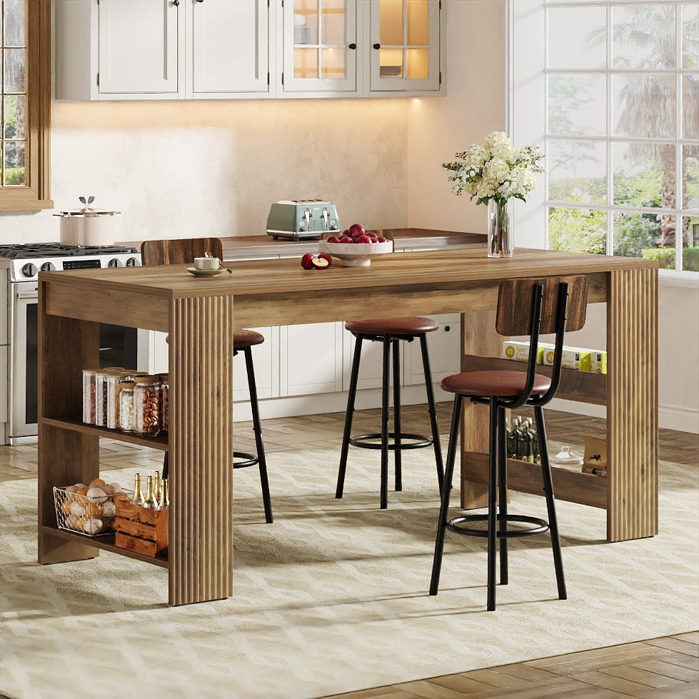 Finmind Kitchen Island with Storage, 63-inch Farmhouse Large Stationary Island Table with Double-Sided Storage Shelves for Kitchen, Rustic Brown