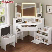 Toogaho Vanity Desk Set with Tri-Fold Mirror and Lights, Storage Stool, Corner Makeup Vanities with Drawers & Power Outlet, 3 Light Settings, Dimmable for Bedroom,White