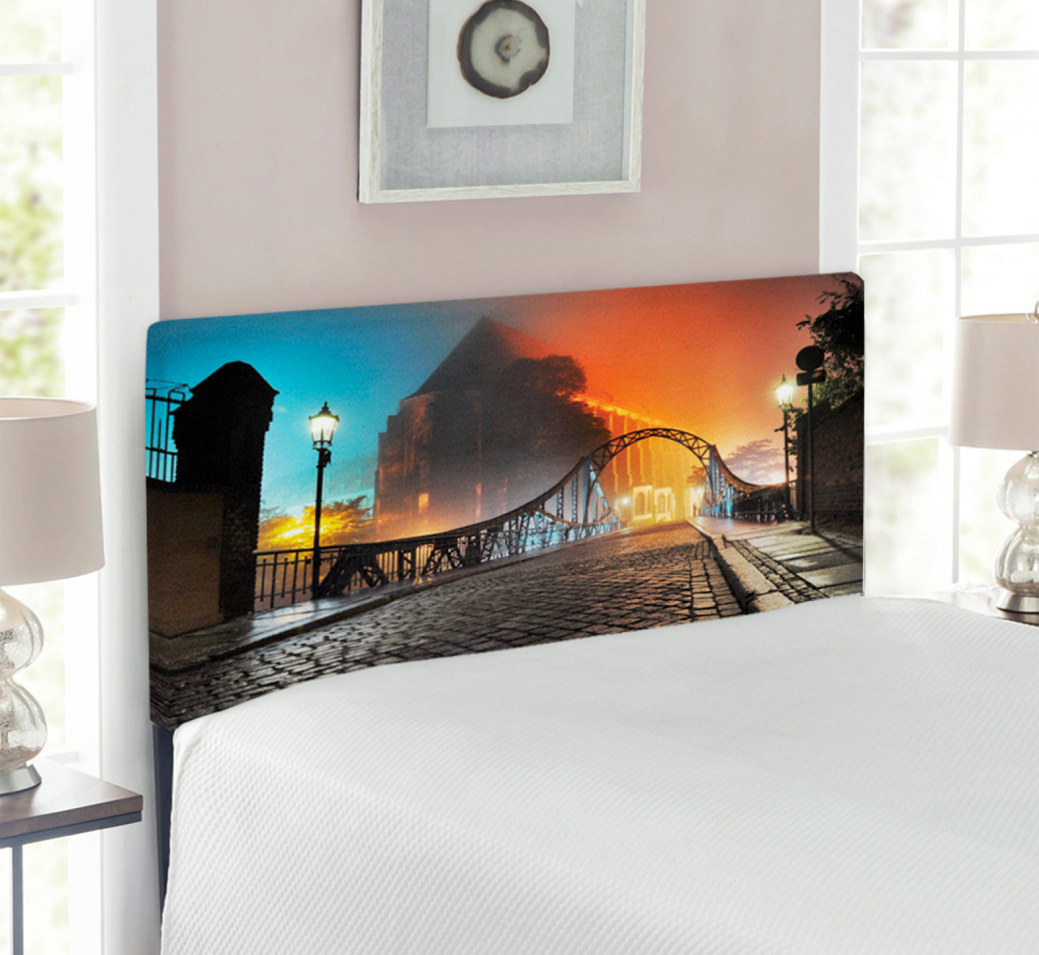 Landscape Headboard, Modern City Bridge at Night with Sightseeing Urban Theme Landscape, Upholstered Decorative Metal Bed Headboard with Memory Foam, Twin Size, Grey Orange, by Ambesonne - image 2 of 4