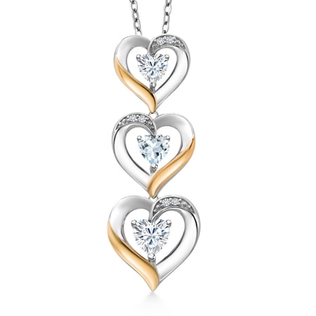 Gem Stone King 925 Silver and 10k Yellow Gold White Moissanite Sky Blue Aquamarine and White Lab Grown Diamond Triple 3 Heart Shape Pendant Necklace for Women (0.90 Cttw, with 18 inch Chain)