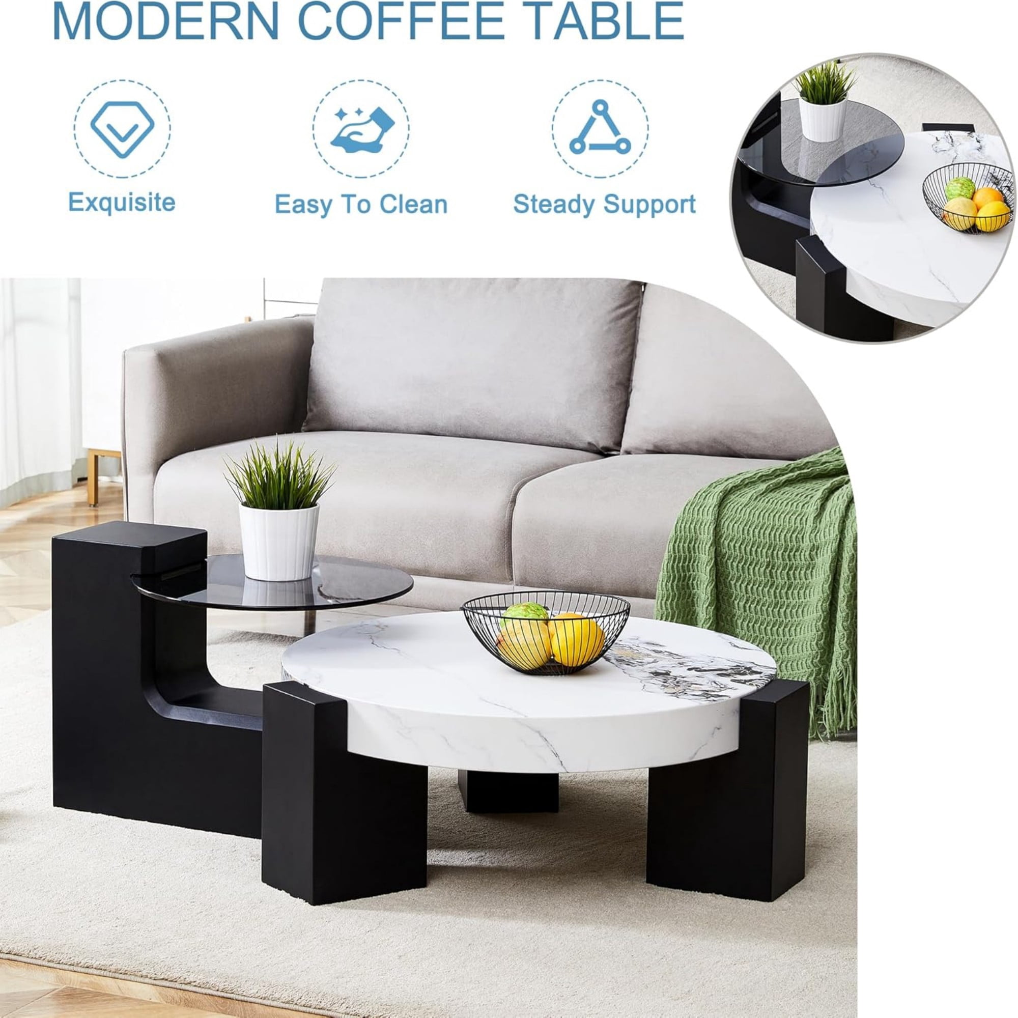 Sudica Detachable Double-decker Coffee Table,30" Round Tea Table with White Faux Marble Tabletop,Center Table for Living Room
