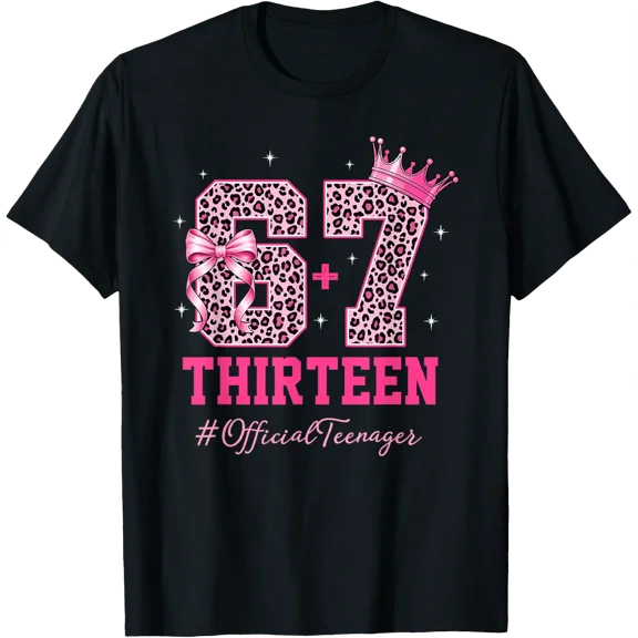 13Th Birthday Leopard Pink Bow T Shirt Size S-5XL