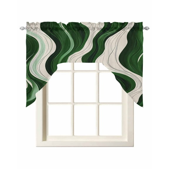 Geometric Green Kitchen Swag Valances for Windows, Vintage White Stripe Coastal Sea Wave Swag Valances Curtains for Living Room, Rod Pocket Window Treatments for Bathroom, Bedroom, Cafe, 56"x36"