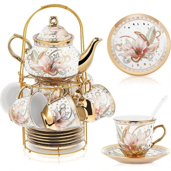 20 Pcs Porcelain Tea Set with Metal Holder and Spoon Adult Ceramic Tea Set European Flower Painting Teapot Cup Saucer Spoon for Women Large Version Traditional Style
