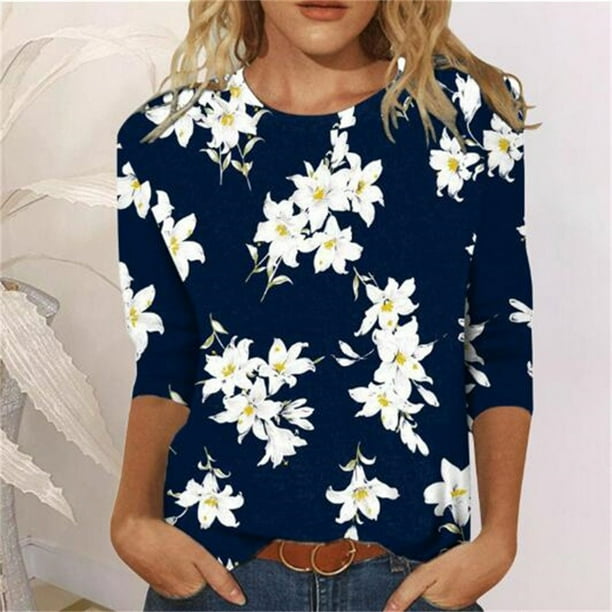 ICHUANYI Clearance Women's Fashion Printed T-shirt 3/4 Sleeves Blouse Round Neck Casual Tops(Navy, S) ICHUANYI WER2023080810978