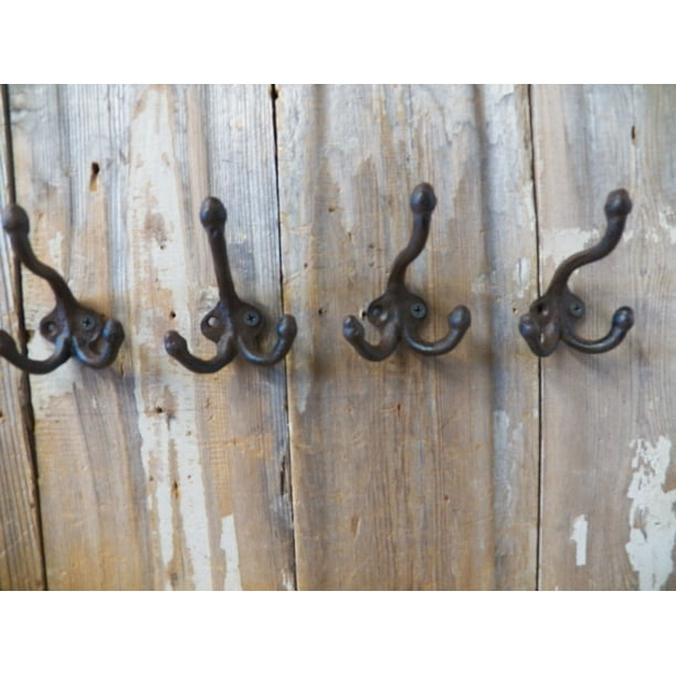 Lot 4 AntiqueStyle TRIPLE Rustic School COAT HOOK Cast Iron Wall Mount
