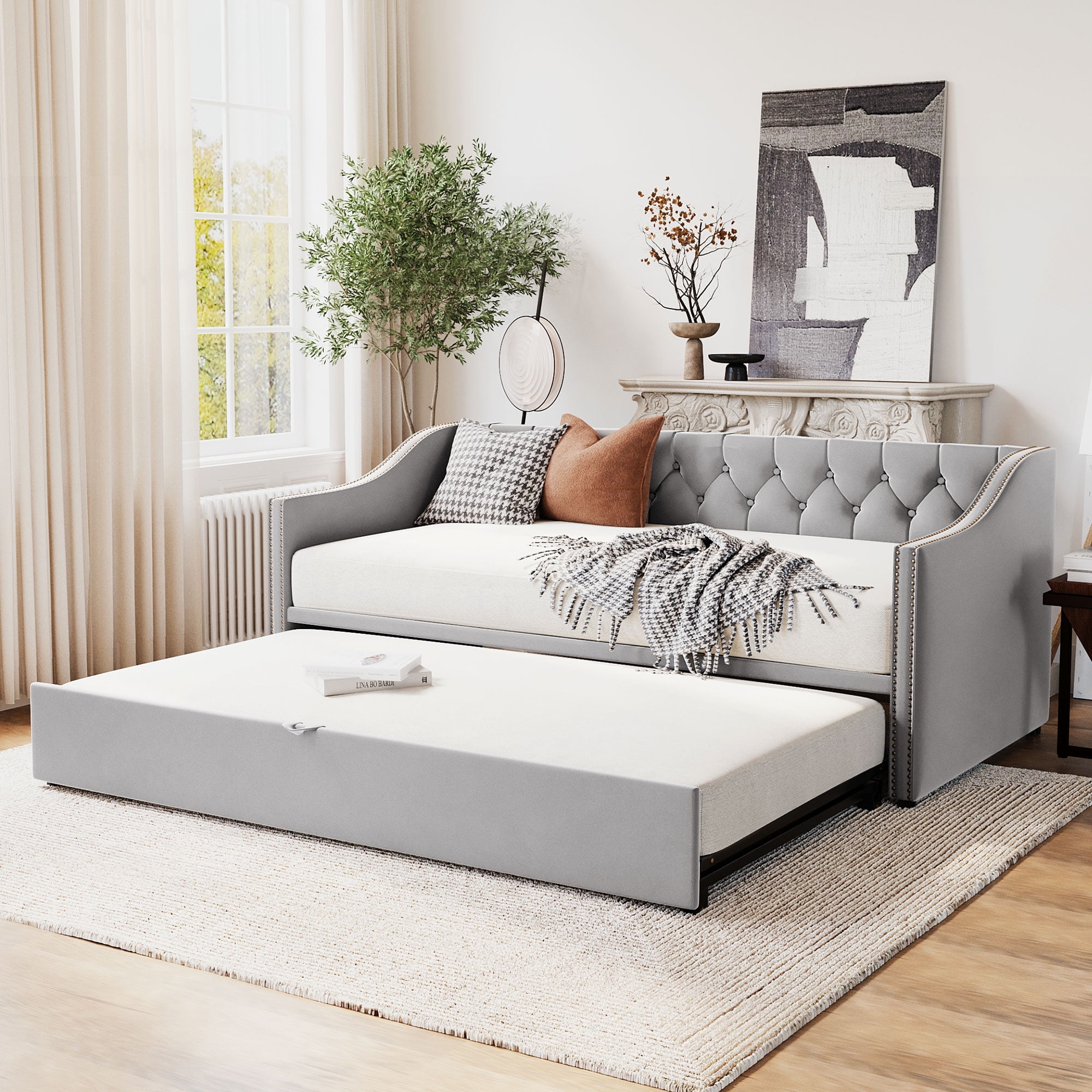 Aukfa Twin Daybed with Pop-Up Trundle, Velvet Upholstered Bed Frame with Button Tufted Back and Nailhead Trim, Space Saving Guest Bed for Kids Room/Living Room, Gray