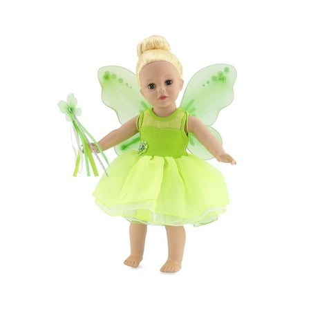 18 Inch Doll Clothes | Magical Tinkerbell Inspired Fairy Princess Doll Halloween Costume with Jeweled Accents, Removable Wings, and Magic Wand | Fits American Girl Dolls