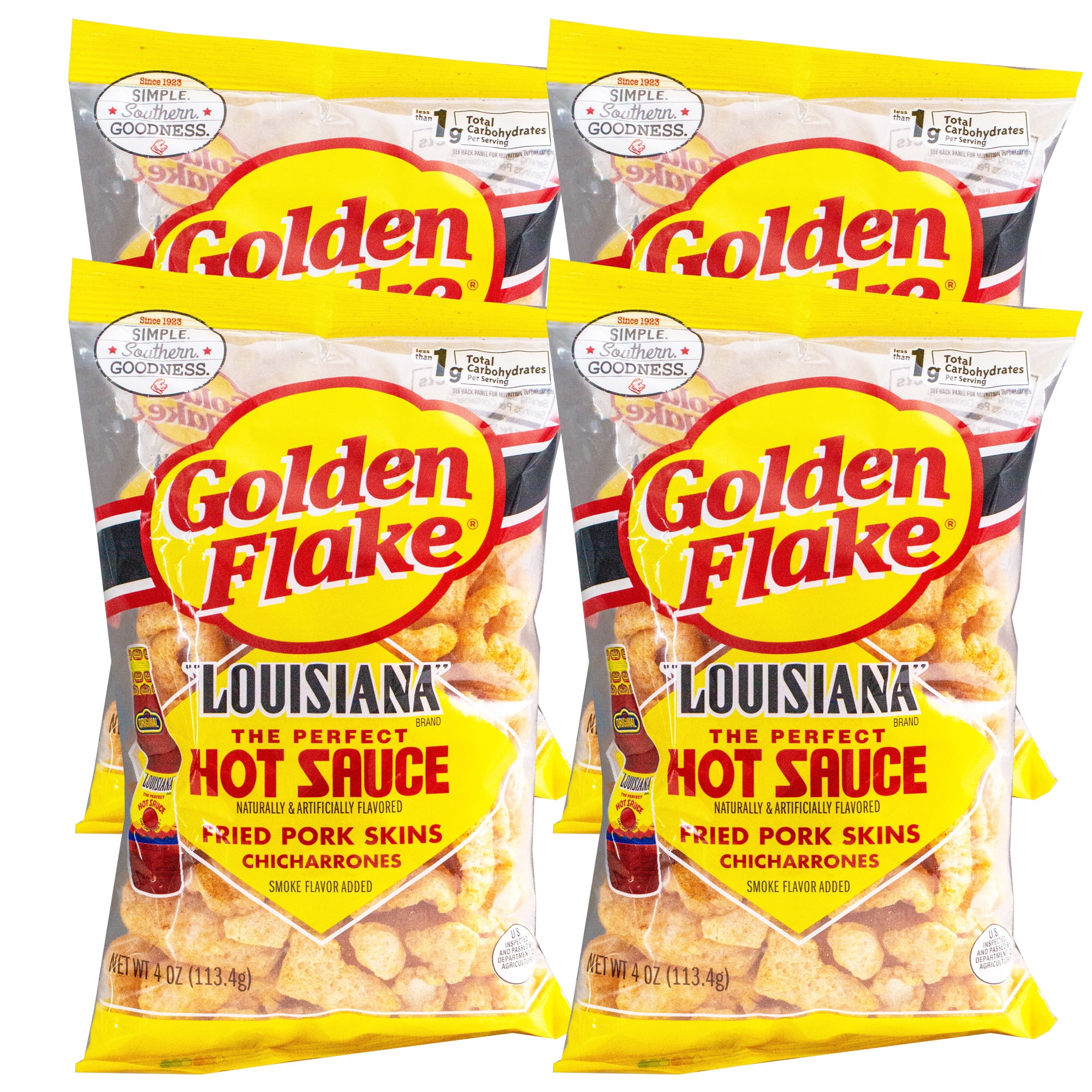 Golden Flake Utz Louisiana Hot Sauce Chicharrones Crispy Hot Fried Pork Skins 4, 4oz Bags