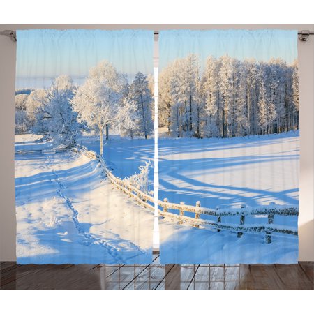 Valley Oak Decor Kit - Farm House Decor Curtains 2 Panels Set, Winter Snow Valley with Oak Borders Pines Frozen Pastoral High Cold Lands , Window Drapes for Living Room Bedroom, 108W X 84L Inches, White Blue, by Ambesonne