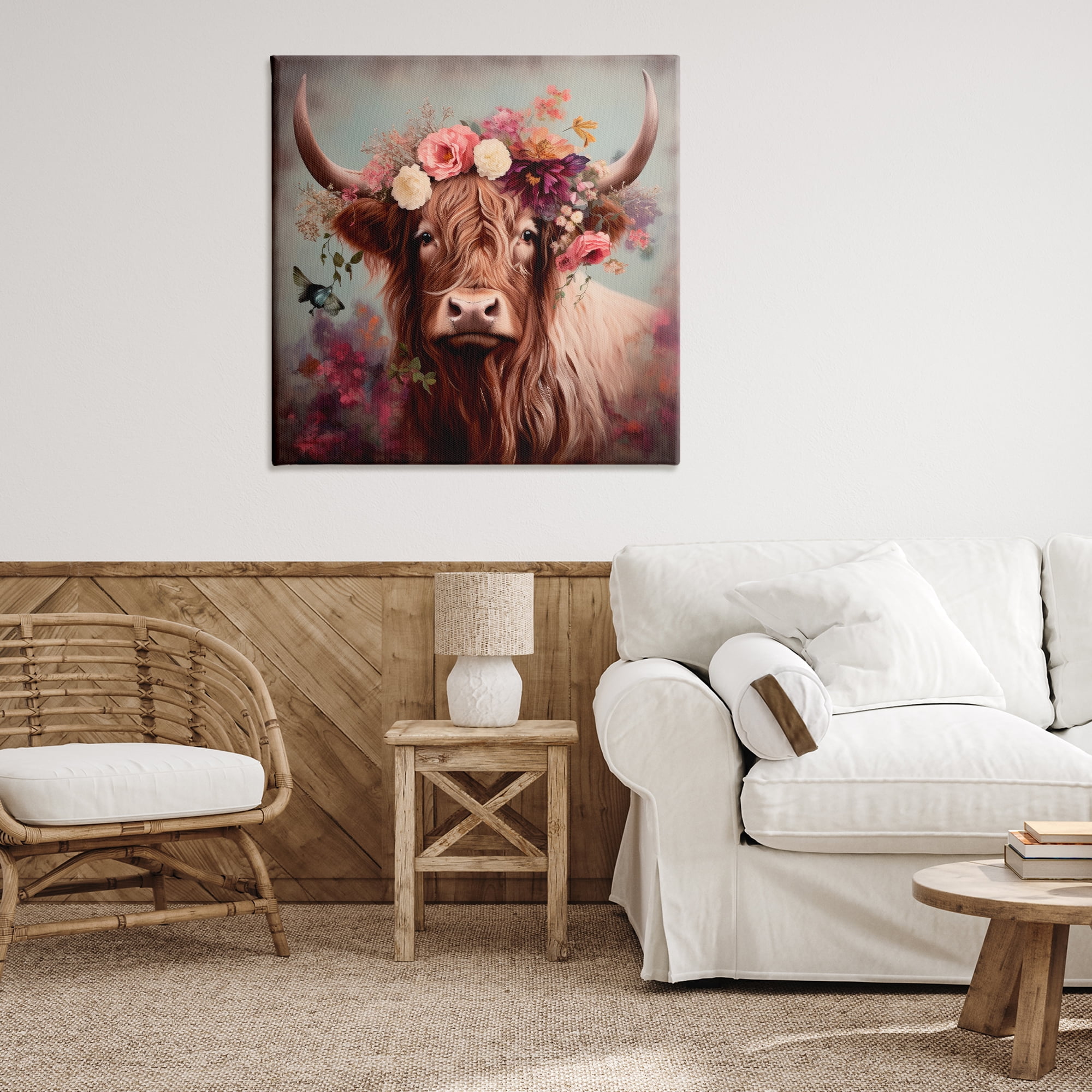 Stupell Industries Longhorn & Flower Garland Animals & Insects Painting Gallery Wrapped Canvas Art Print Wall Art, 36 x 36
