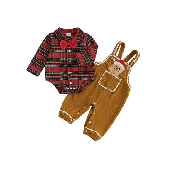 Miaouyo 0-18 Months Infant Baby Boy Christmas Clothes Set Plaid Print Long Sleeve Lapel Romper Gingerbread Man Embroidery Overall Pants 2Pcs Outfit