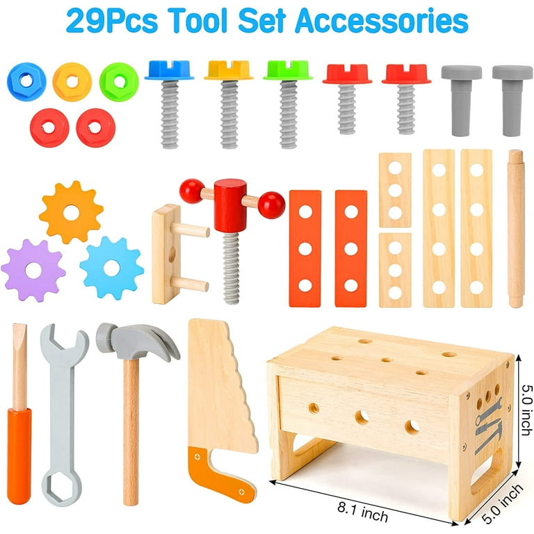 Montessori Mama Wooden Kids Tool Set - 29 Piece Pretend Play Construction Toy Tools Set - Stem Educational Toy - Toys for Kids Toddler Tool Set 