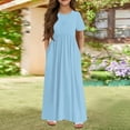 thumbnail image 2 of XADYUY Girls Maxi Dresses 7-16 Solid Color Short Sleeve Maxi Dress Cute Crew Neck Sundresses Holiday Swing Dresses with Pocketss 9-10 Years,Light Blue, 2 of 5