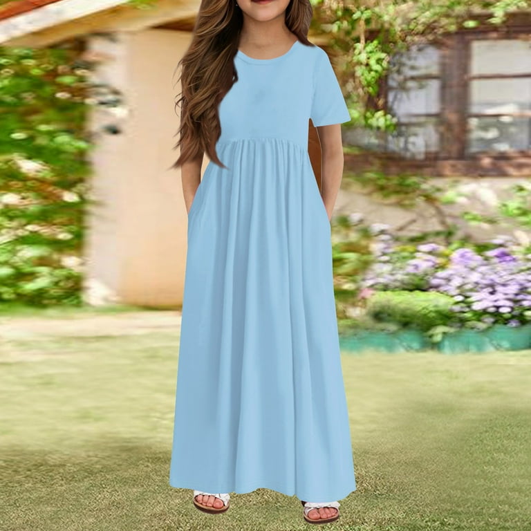 XADYUY Girls Maxi Dresses 7-16 Solid Color Short Sleeve Maxi Dress Cute  Crew Neck Sundresses Holiday Swing Dresses with Pocketss 9-10 Years,Light  Blue - Walmart.com