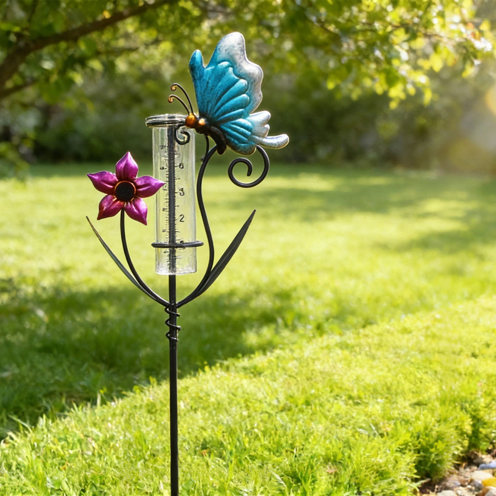 Metal Rain Gauge Outdoor 35.43 Inch with Stake, Tube Rain Measure Gauge Decorative Branch, Ironwork Rainwater Collector Glass Measuring Cup for Garden Patio Yard Lawn