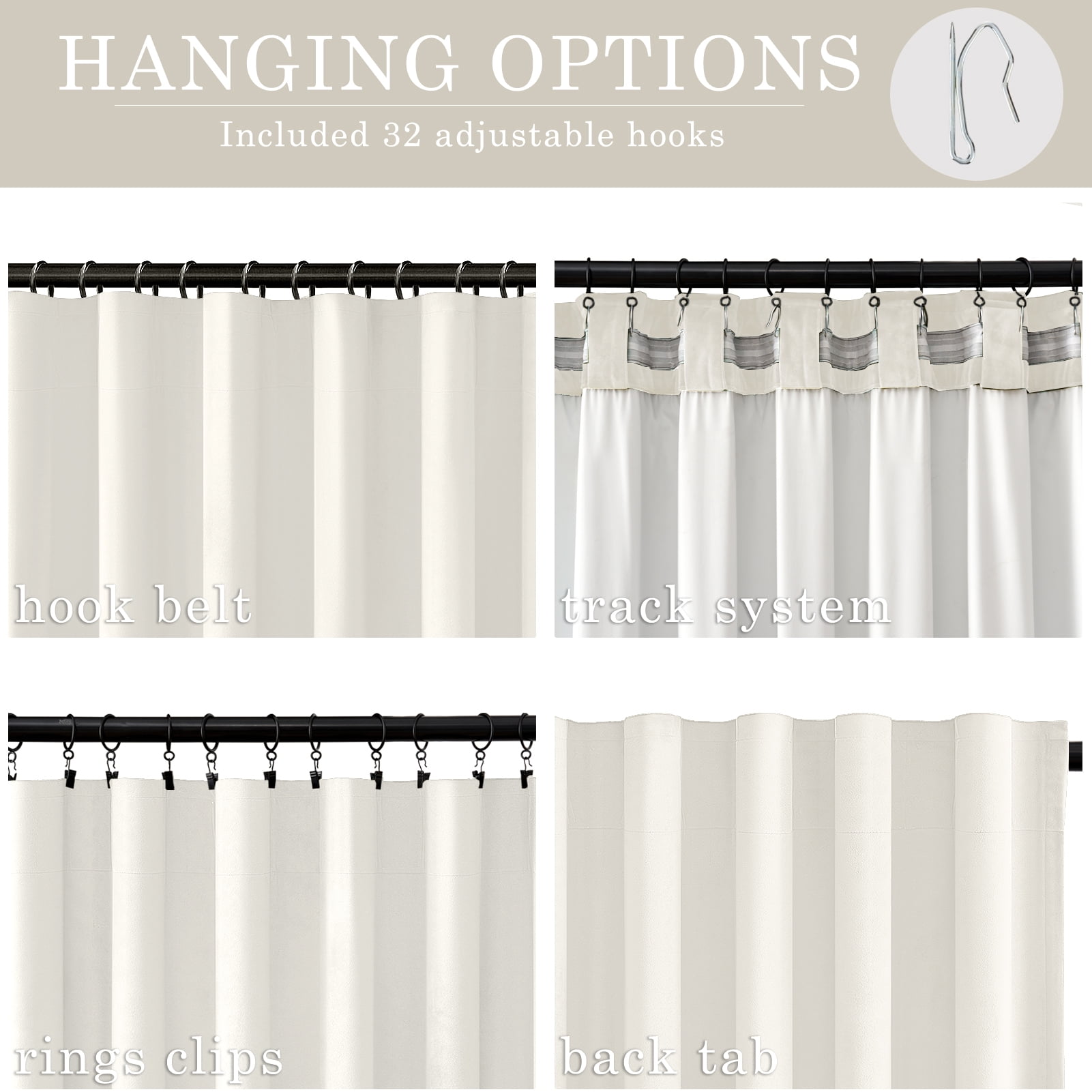 Topfinel 90 Inches Long Cream Velvet Curtains for Bedroom, Back Tab Light Blocking White Curtains with Hooks, Room Darkening Double Sided Drapes，Set of 2
