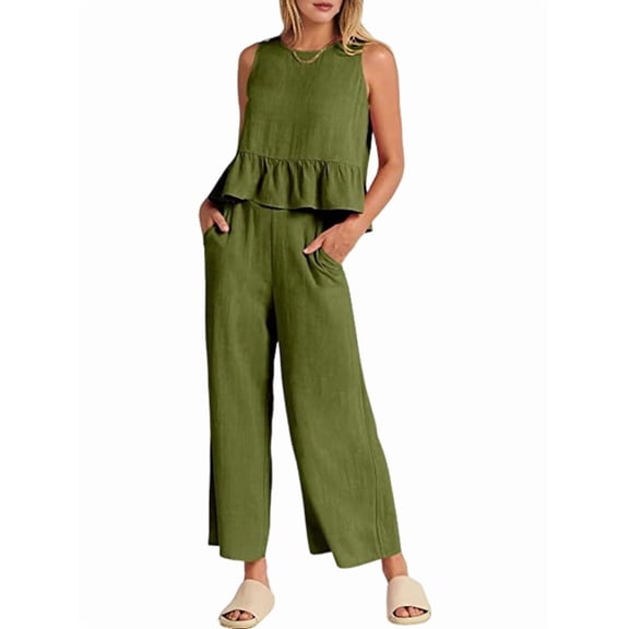 Women'S Pants Sets 2 Piece Outfits Sleeveless Round Neck Tank Tops Elastic Waist Wide Leg Green S