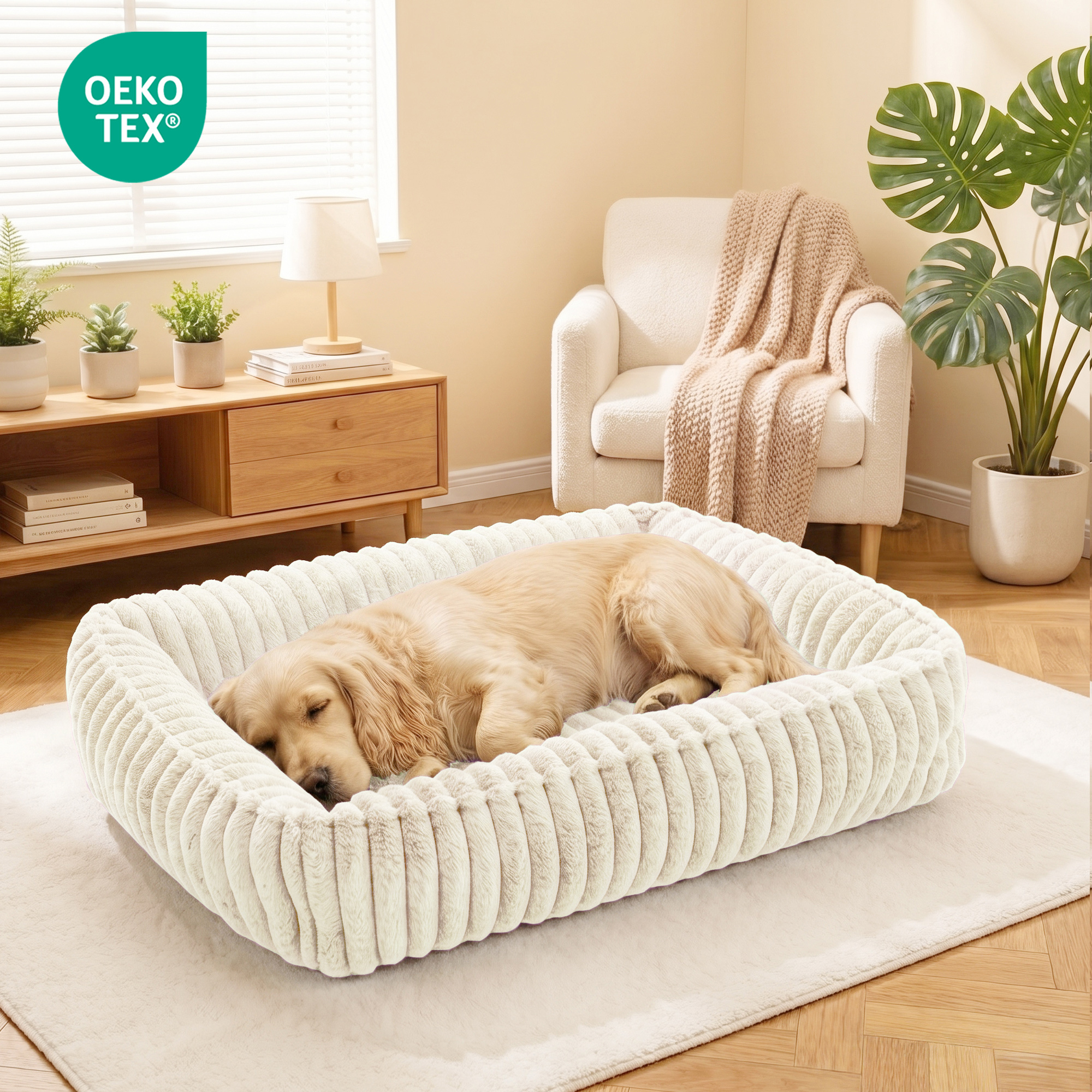 Exclusivo Mezcla Ribbed Plush Cuddler Dog Bed Small Ivory photo 6