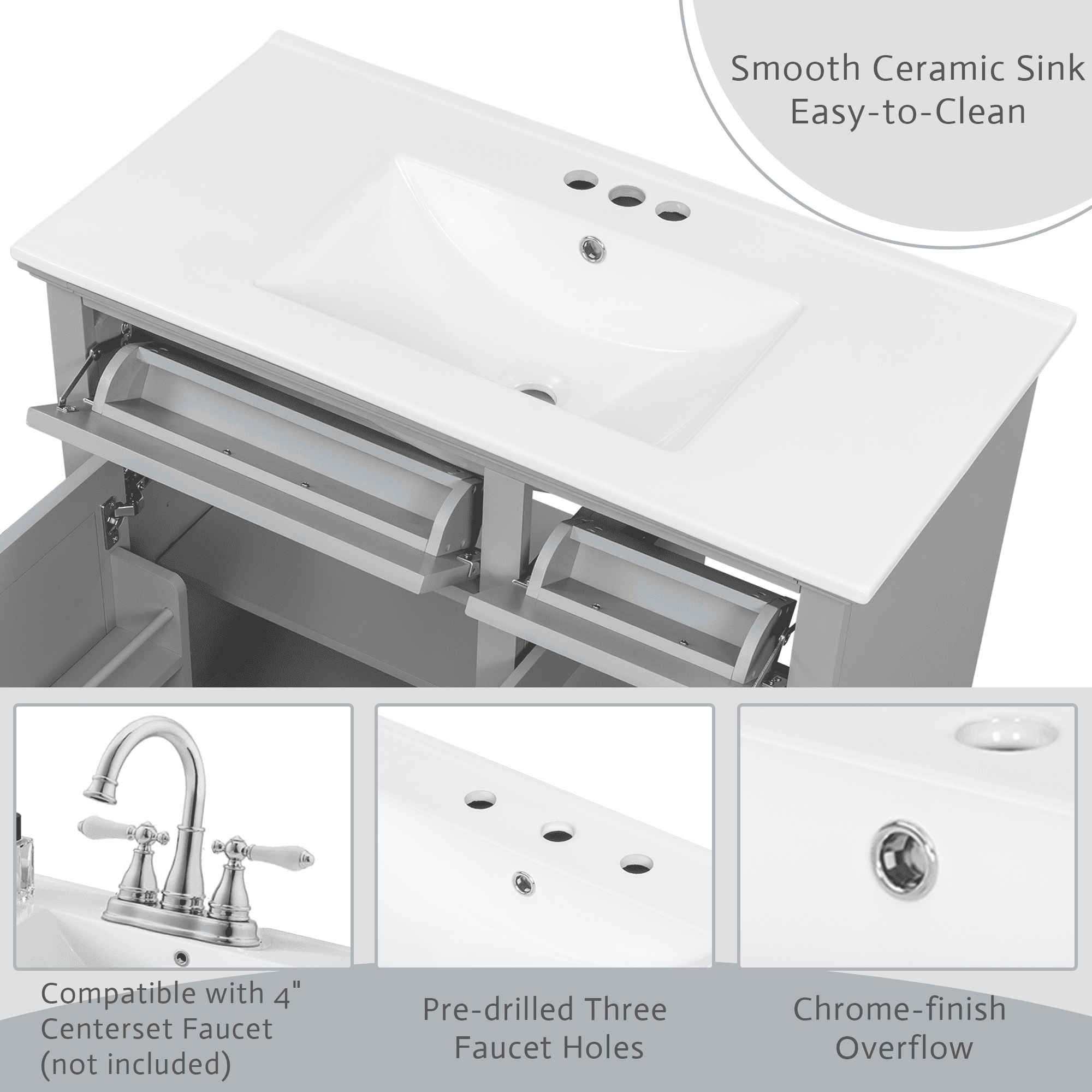 Euroco 36" Bathroom Vanity with Sink, Ceramic Sink, 2 Tip-out Drawers, Soft Close Door Hinges, Light Gray