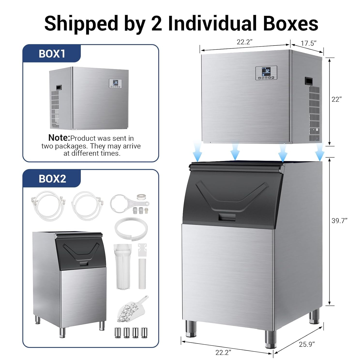 High-Capacity Commercial Ice Maker - 600Lbs/24H Output, 400Lbs Storage, Stainless Steel Construction with Water Hookup & Adjustable Ice Thickness