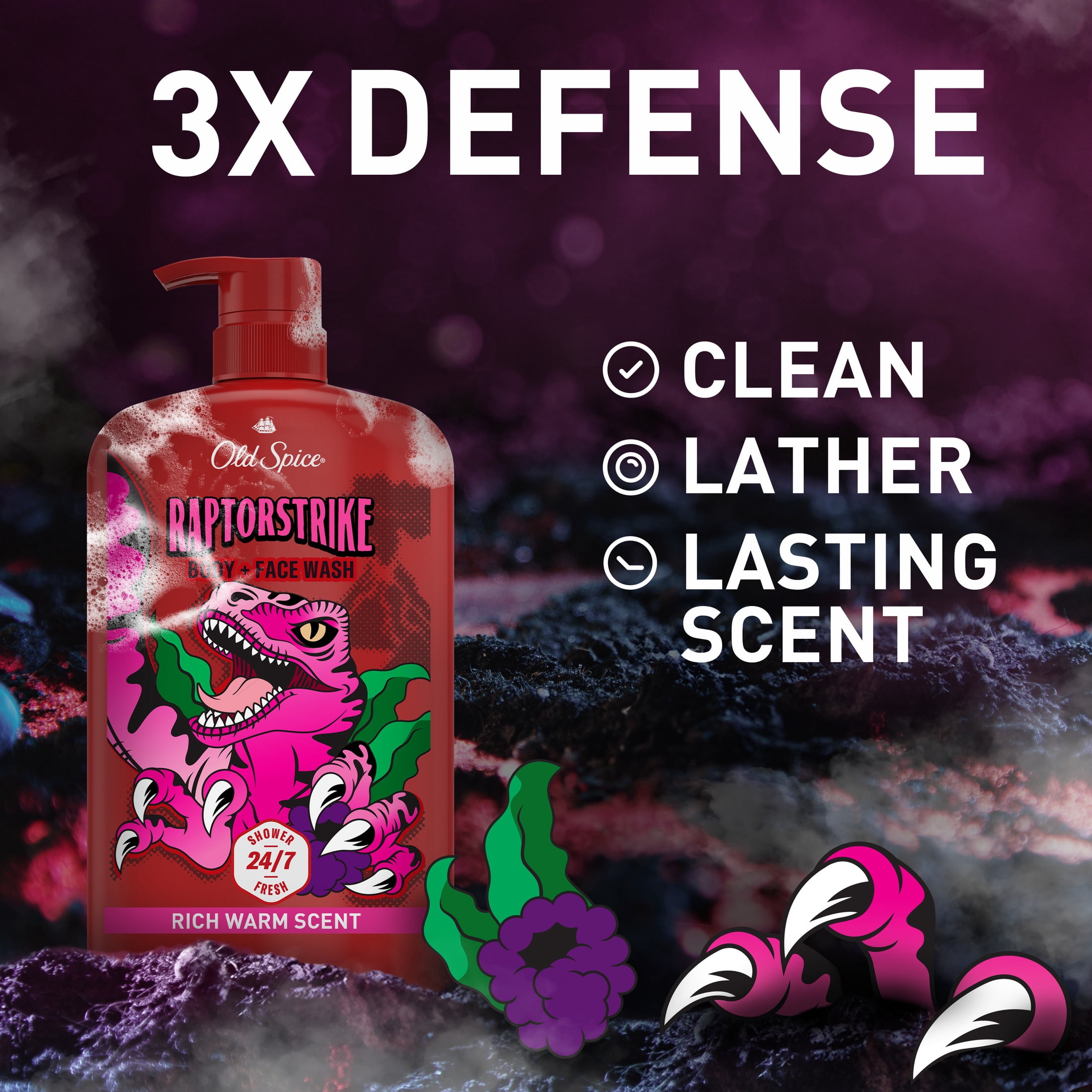 (3 pack) Old Spice Cleansing Body Wash for Men, 24/7 Shower Clean with Lasting Scent, 2 in 1 Face and Body Wash, Rich Lather, Raptorstrike, Dark Berry Scent, 33.4 fl oz