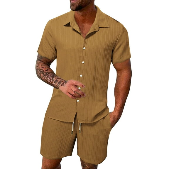 HBFAGFB Two Piece Summer Set Mens Fashion Lapel Button Down Shirt Light Breathable Shorts Coffee Size XXXL