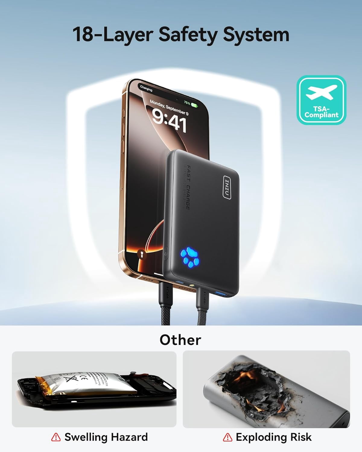 INIU 45W Fast Charging Portable Charger, 40% Smaller 10000mAh with Detachable Cable, Flight-Safe Travel Power Bank, USB C External Battery Pack for iPhone 17 16 Pro iPad Samsung S25 Google etc, Blue