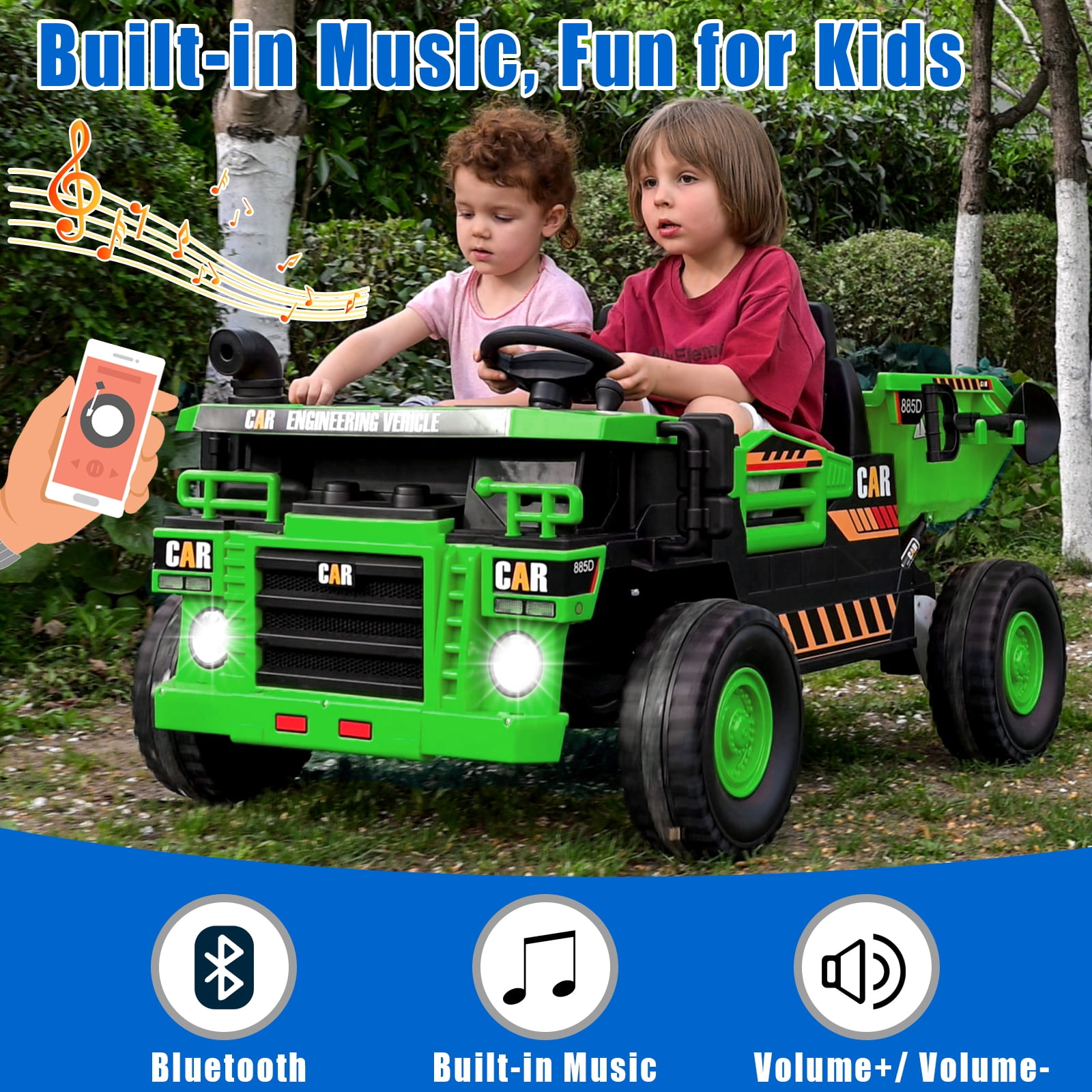 FINITO 12V 10Ah Ride on Tor for Toddlers, Powerful 4 Wheels Electric Dump Truck, 2 Seater Kids Ride on Car w/Parent Remote Control, Music Bluetooth, Green