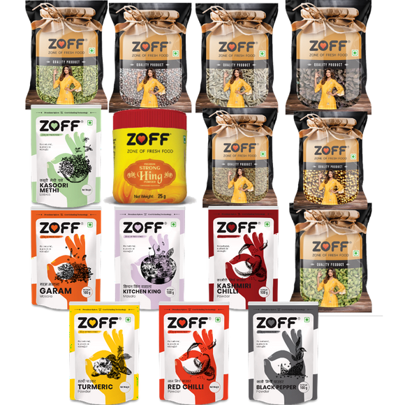 Zoff Authentic Indian Spices & Seasoning Kit of 15 | Green & Black Cardamom, Dried Fenugreek Leaves, Fennel, Coriander & Cumin whole, Garam Masala, Asafetida, Mustard, Kashmiri Chili & Many
