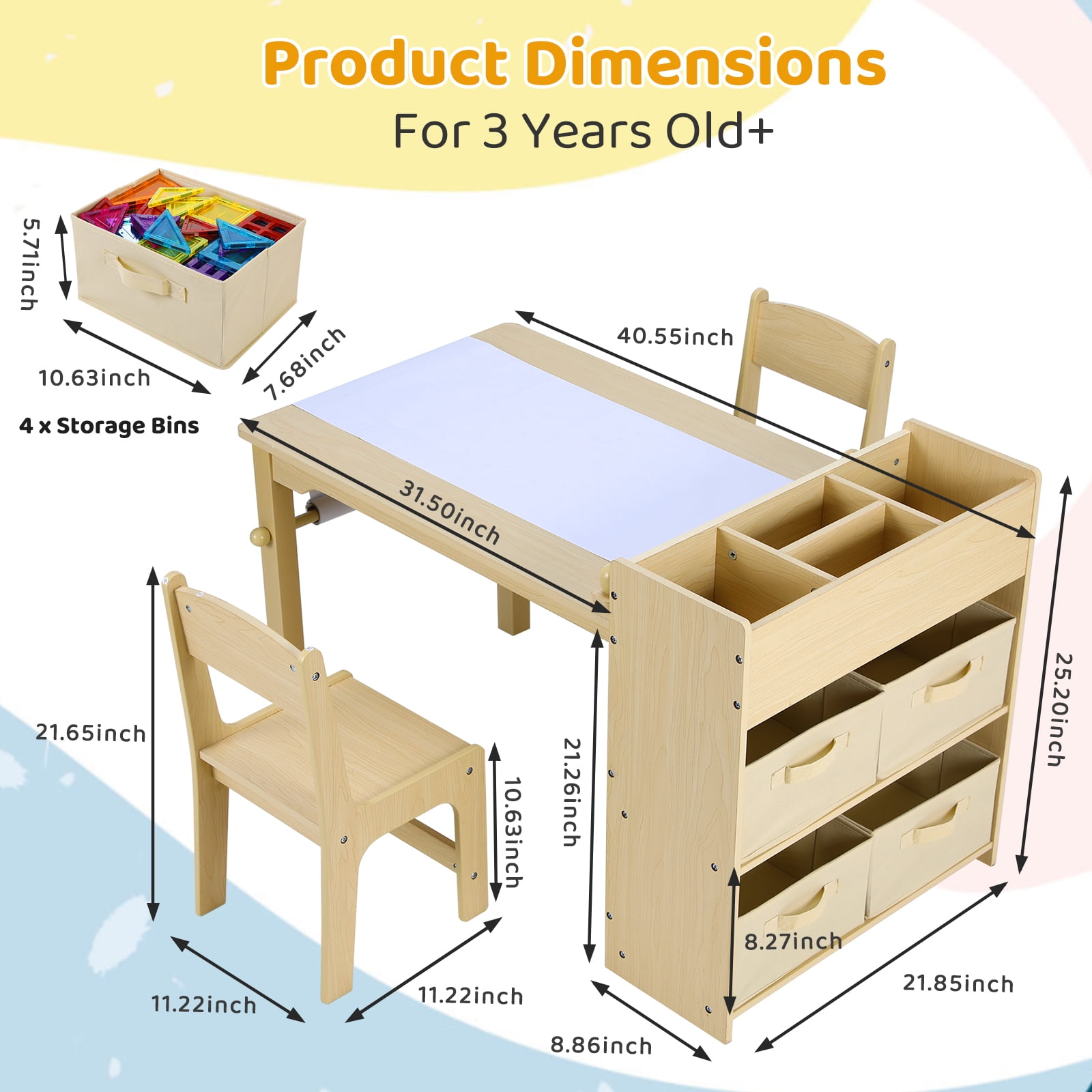 Pirecart Kids Art Table and 2 Chairs Toddler Craft Set Wooden Play Activity Drawing Table with 4 Storage Bins and Paper Roll