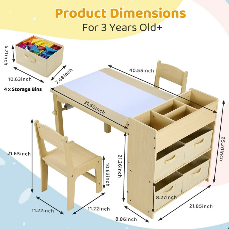 LAZY BUDDY Wooden Kids Table and 2 Chairs Set with 4 Storage Shelves and Paper Roll Toddler Activity and Study Table Furniture