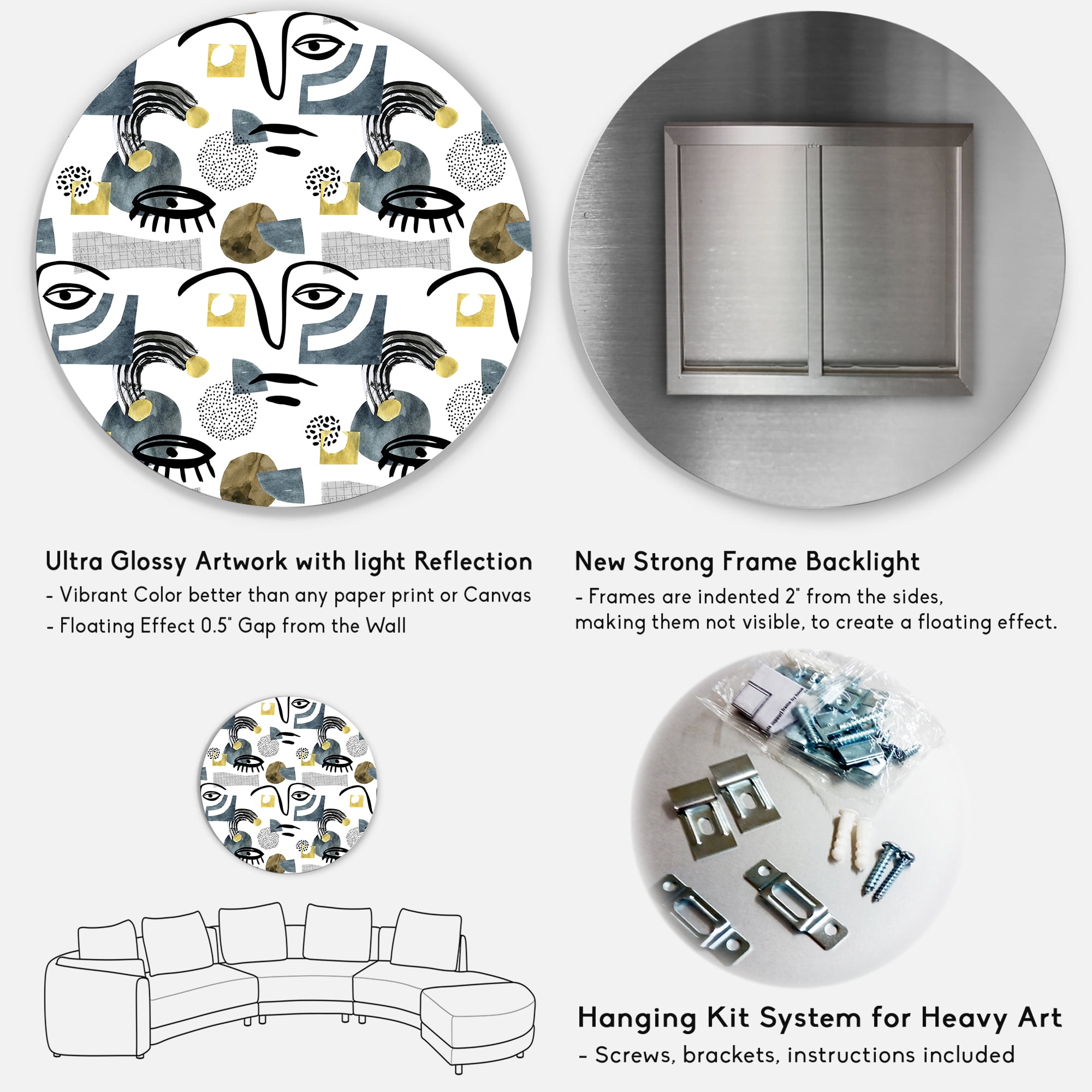 Designart 'Collage of Eyes And Doodles In Contemporary Style I' Modern Circle Metal Wall Art 11x11 - Disc of 11