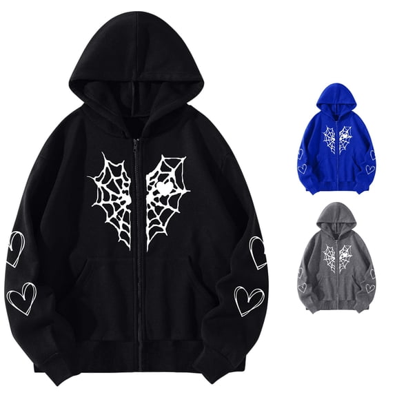 WAYUTE Zip Up Hoodies for Womens Retro Graphic Print Open Front Full Zip Up Jacket Long Sleeve Oversized Drop Shoulder Pocket Sweatshirt Casual Outdoor,Black,XL