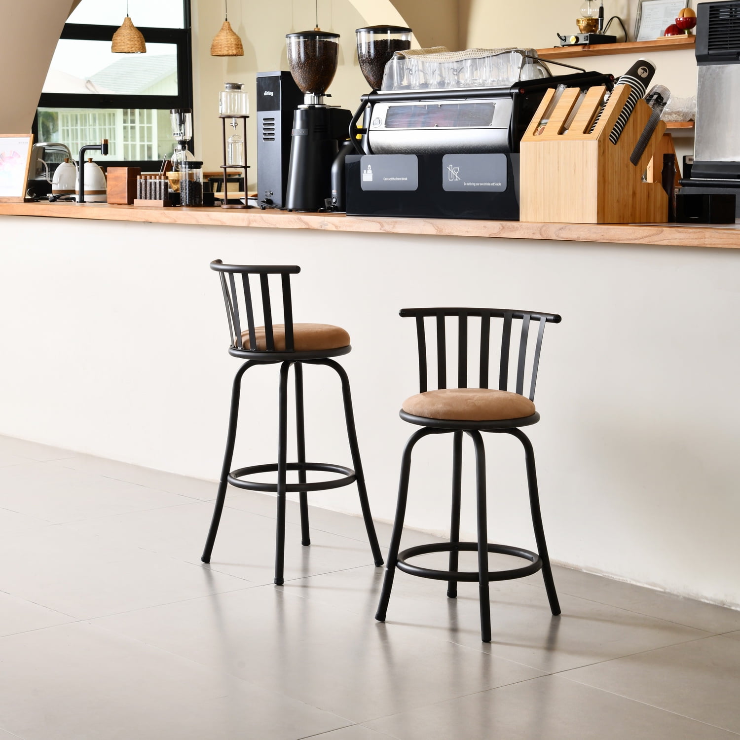 Homy Casa Swivel Counter Height Bar Stools Set of 2 with Back, Adjustable 24 or 29 Inch Upholstered Counter Stools for Kitchen Island, Brown