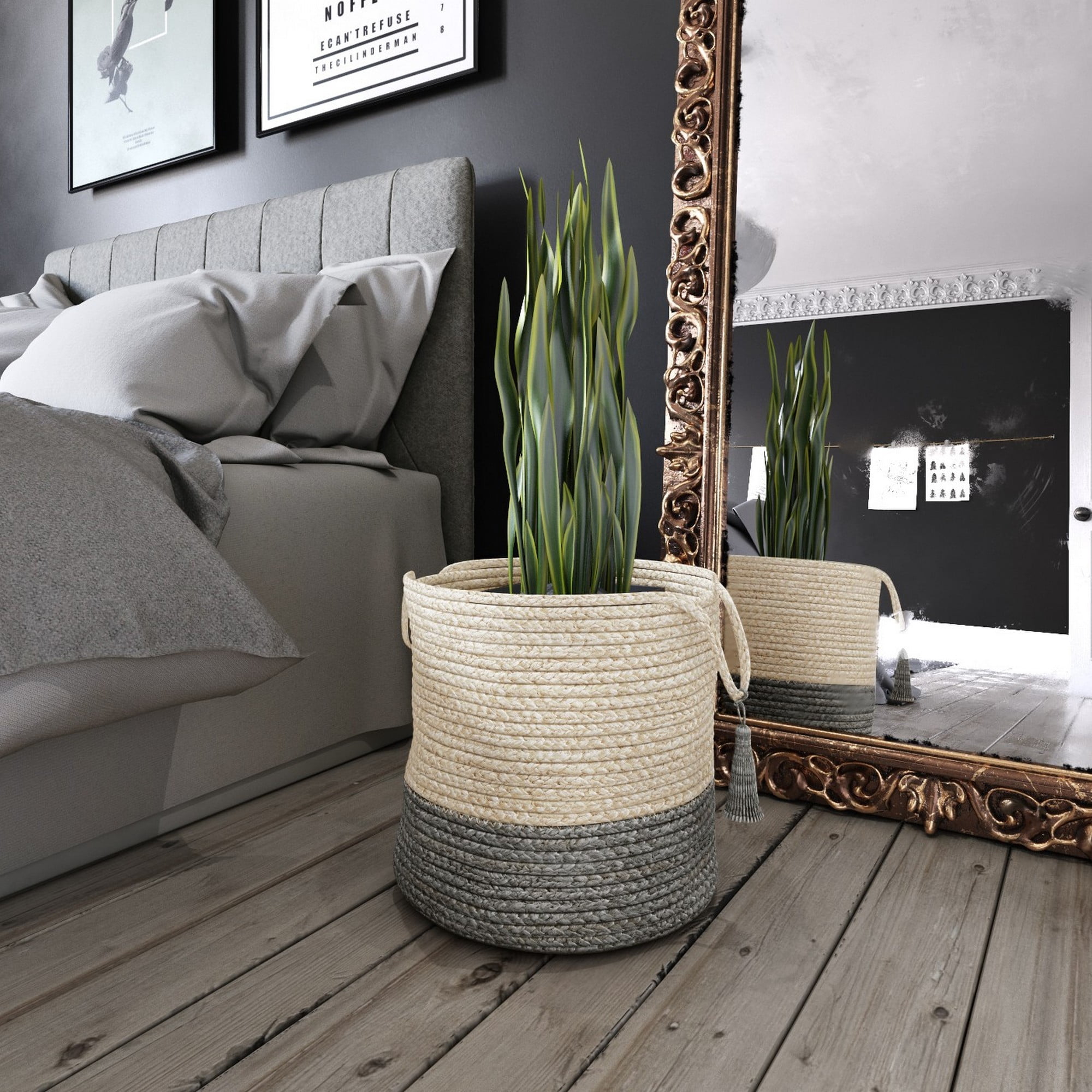 LR Home Woven Round Jute 19" Storage Basket with Handles, Gray/White Stripe