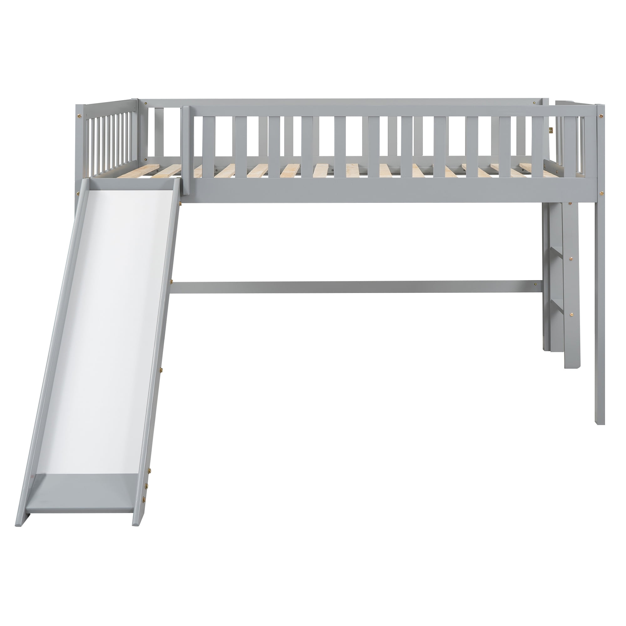 MAYEERTY Full Size Low Loft Bed with Ladder and Slide,Gray