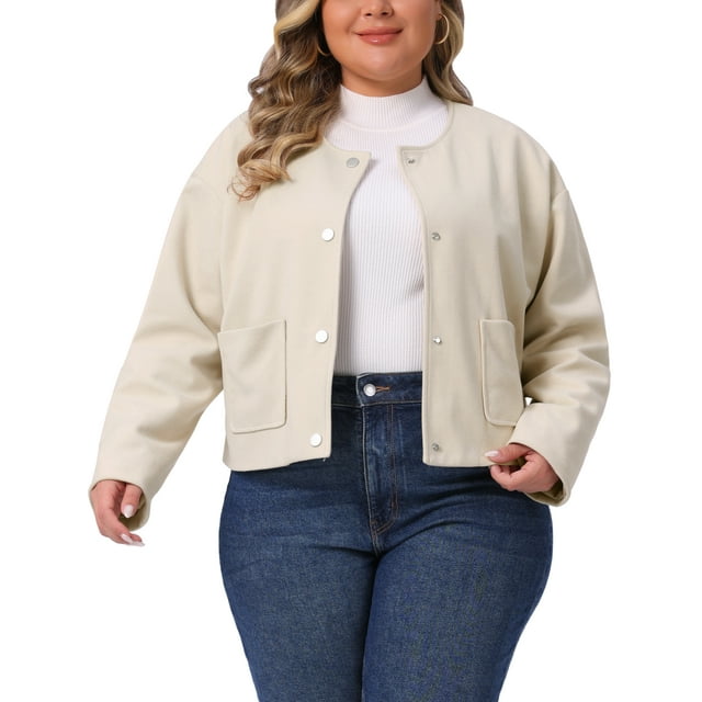 Chaqueta bomber de mujer de tallas grandes Agnes Orinda, con cierre de un solo botón, chaquetas cortas de manga larga, abrigo casual con bolsillos 1X albaricoque
