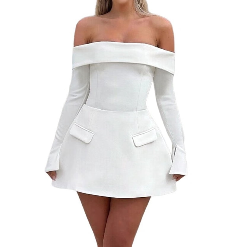 Women Mini Dress Off Shoulder Long Sleeve A Line Dress Short Formal Dresses Party Clubwear White XS