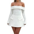 thumbnail image 3 of Women Mini Dress Off Shoulder Long Sleeve A Line Dress Short Formal Dresses Party Clubwear White S, 3 of 8