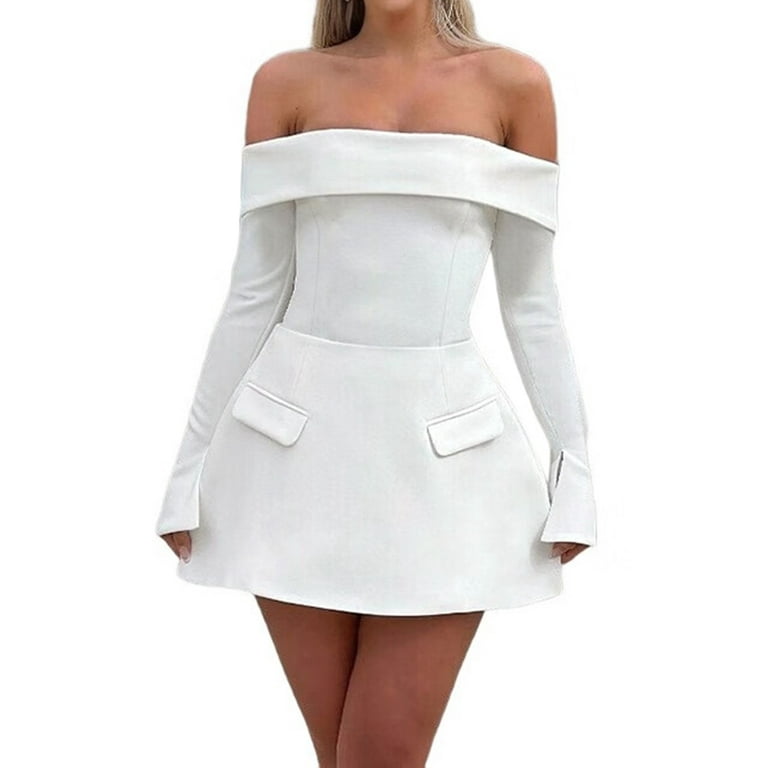 Women Mini Dress Off Shoulder Long Sleeve A Line Dress Short Formal Dresses  Party Clubwear White XS - Walmart.com
