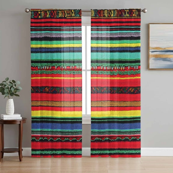 Boho Colored Stripes Sheer Curtains 63 Inch Length 2 Panels Set, Vintage Green Red Blue Tribal Voile Window Treatment Rod Pocket Curtains Sheers Drapes for Bedroom/Living Room/Kitchen 52x"63"x2