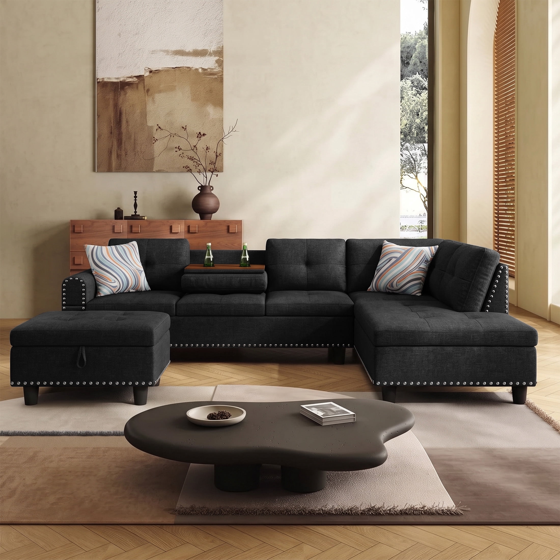 AENKYO 98" L-Shaped Sectional Sofa with Reversible Chaise, Storage Ottoman & Cup Holders, Linen, Black Gray