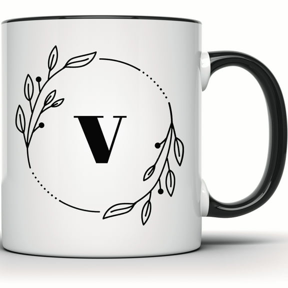 Floral Initial V Mug - Monogram Coffee Mug - Minimalist Botanical Letter Design - Personalized Custom Mug Gift - 11 Ounce Black Rim Handle Novelty Coffee Cup - WMUG0398-Black Rim