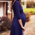 thumbnail image 2 of Robe de Maternité pour Femmes, Robe de Grossesse à Manches 3/4, Col en V Froncé, Bleu Foncé, Jupe de Maternité, 2 of 6