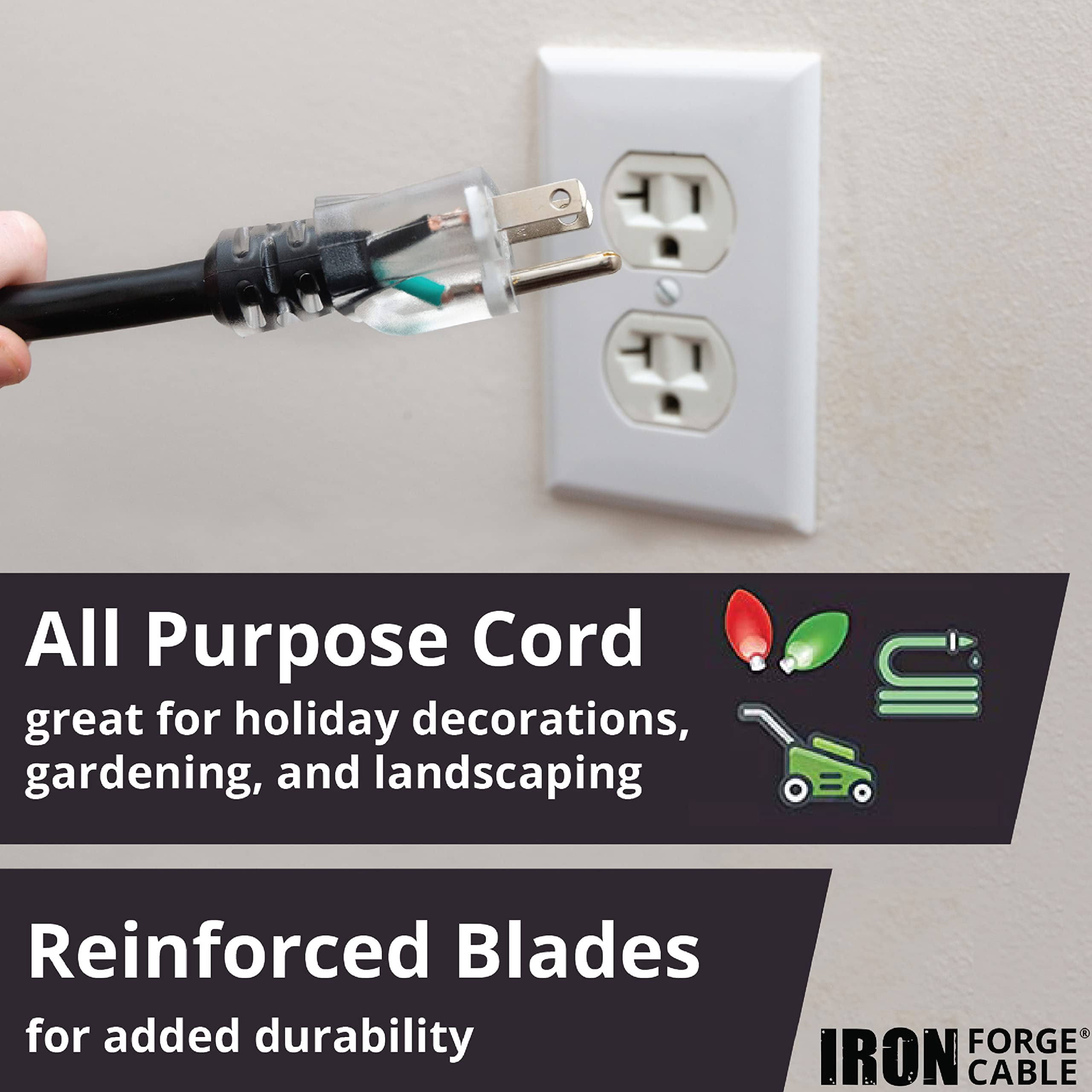 Iron Forge Cable 10 Gauge 25ft Lighted Outdoor Heavy Duty Extension Cord with 3 Outlets - 15 Amp 10/3 SJTW Black Extension Cord with Multiple Outlets